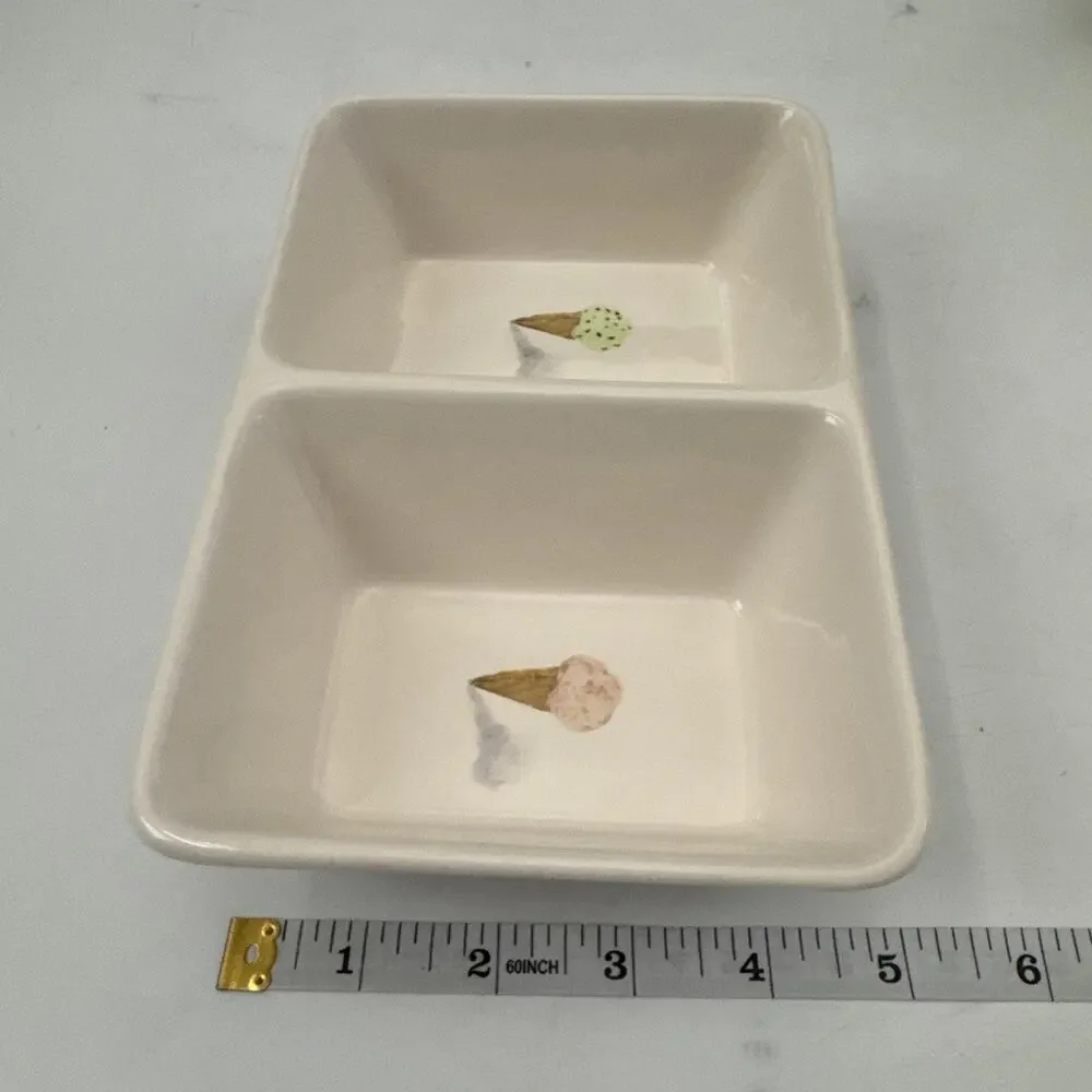 Set of 2 RAE DUNN by Magenta Divided Dish Ice Cream Cones Toppings Bowls